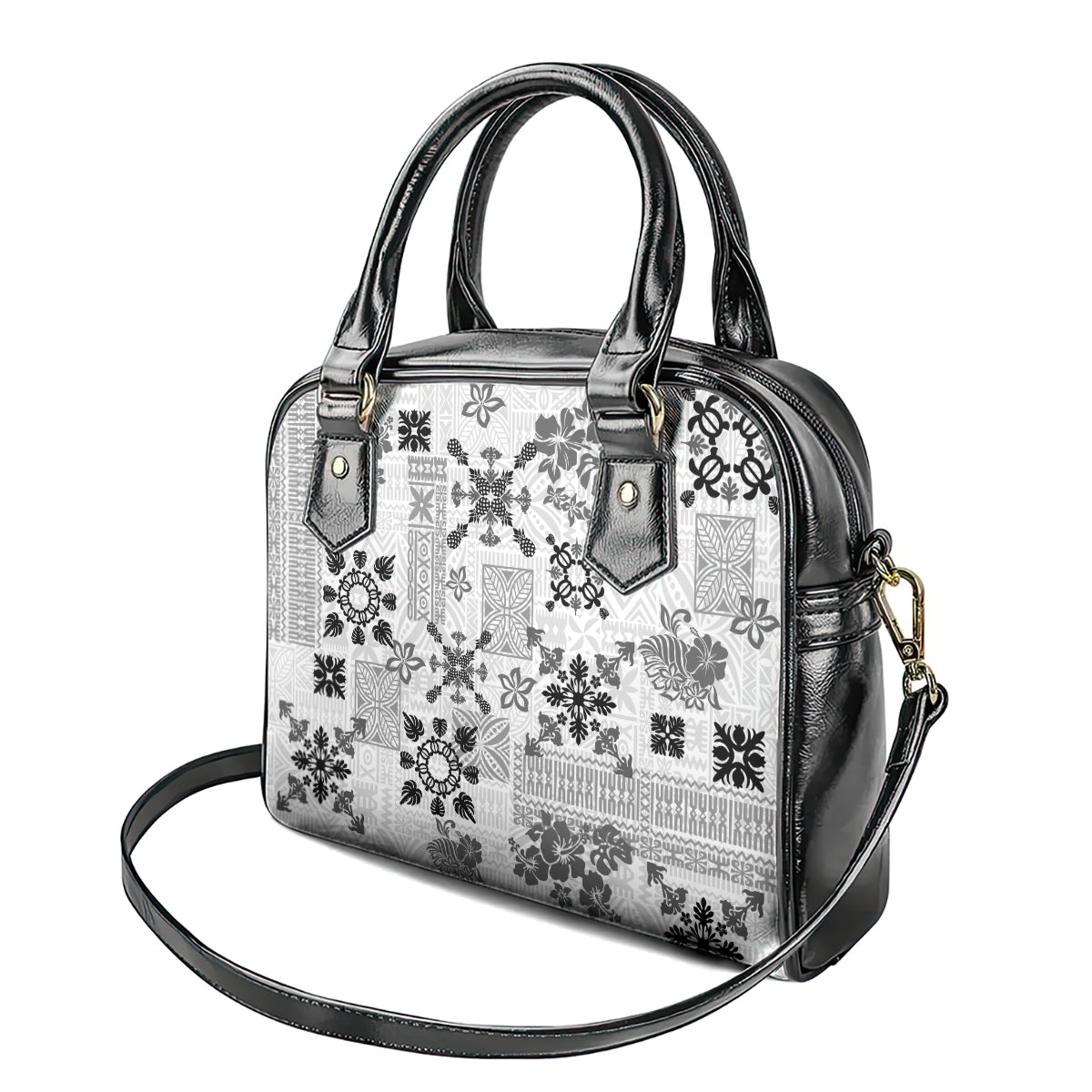Hawaii Tapa Tribal Shoulder Handbag With Hawaiian Quilt Pattern Black LT9 - Polynesian Pride