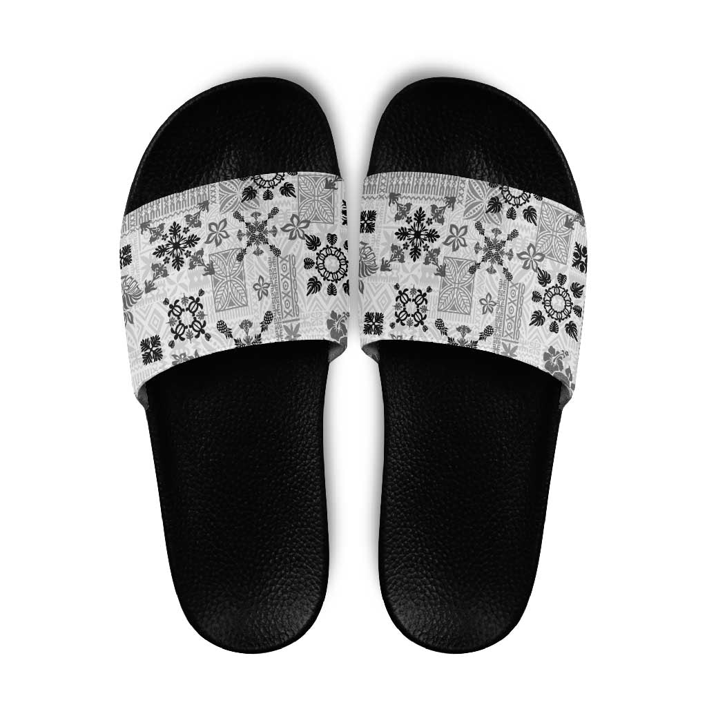 Hawaii Tapa Tribal Slide Sandals With Hawaiian Quilt Pattern Black - Polynesian Pride