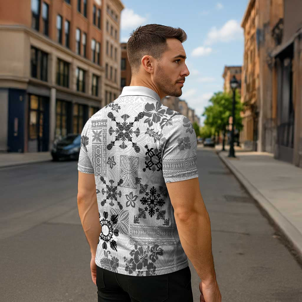 Hawaii Tapa Tribal Zipper Polo Shirt With Hawaiian Quilt Pattern Black - Polynesian Pride