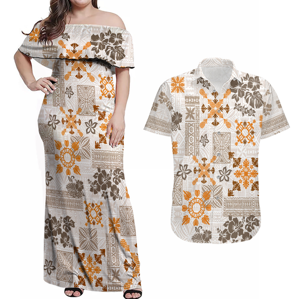 Hawaii Tapa Tribal Couples Matching Off Shoulder Maxi Dress and Hawaiian Shirt With Hawaiian Quilt Pattern Gold LT9 Gold - Polynesian Pride