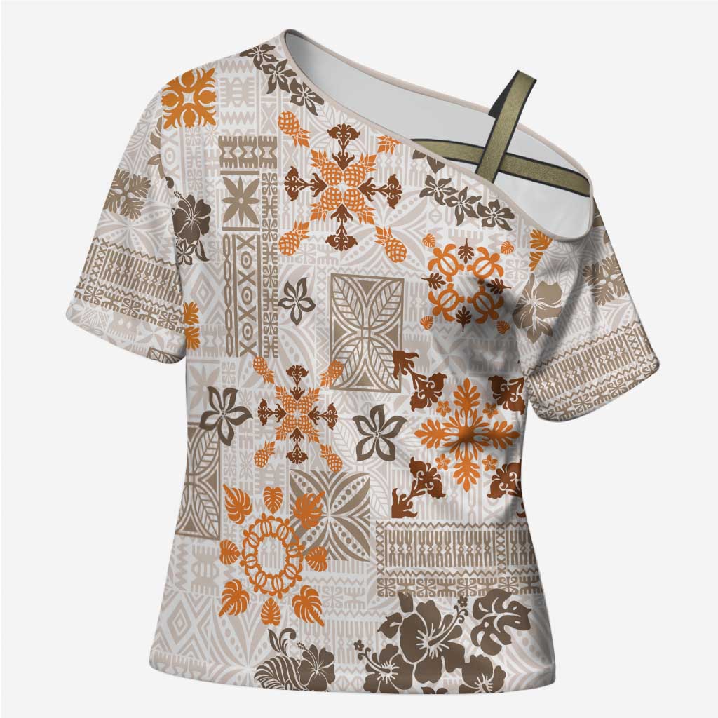 Hawaii Tapa Tribal Cross Shoulder Shirt With Hawaiian Quilt Pattern Gold - Polynesian Pride