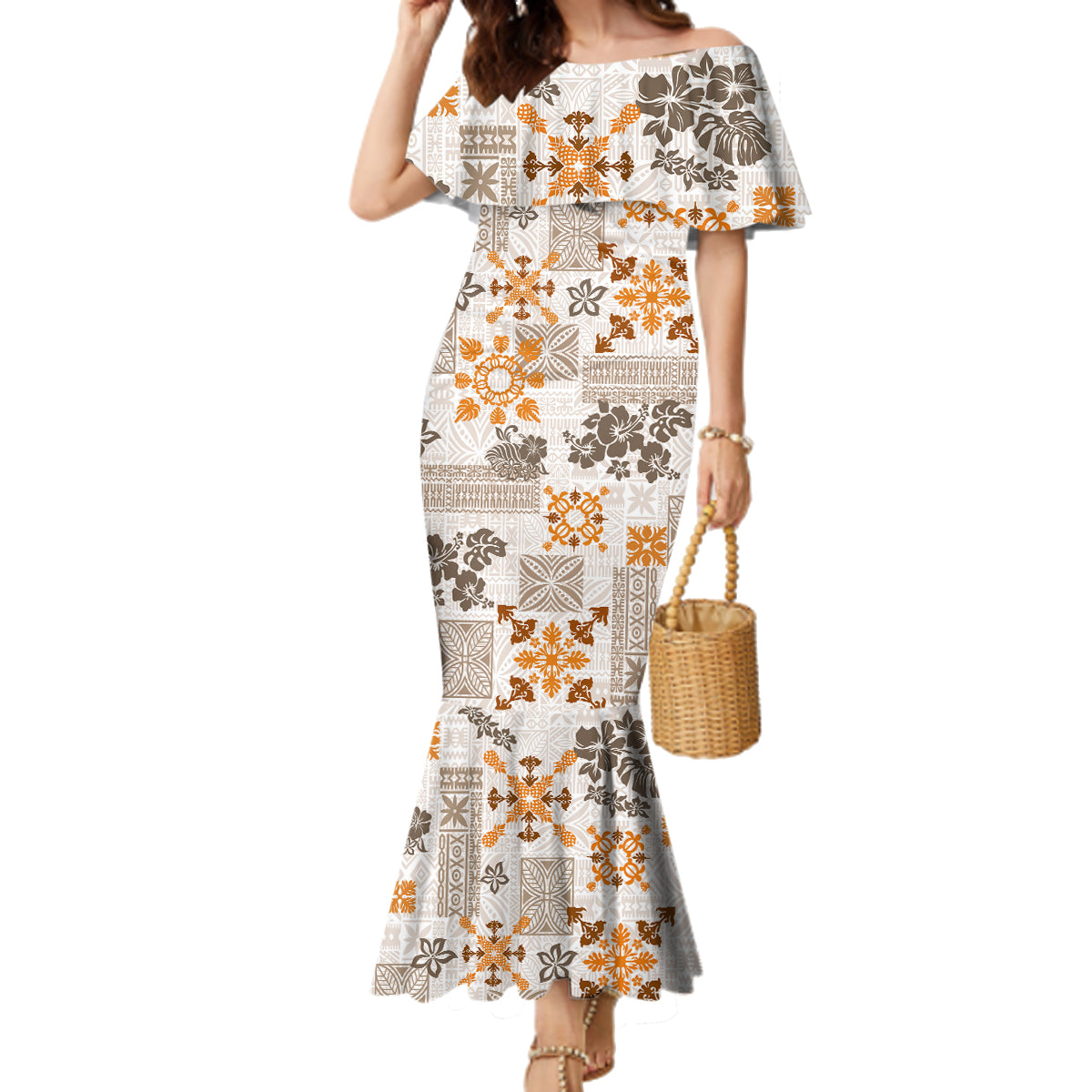 Hawaii Tapa Tribal Family Matching Mermaid Dress and Hawaiian Shirt With Hawaiian Quilt Pattern Gold LT9 Mom's Dress Gold - Polynesian Pride