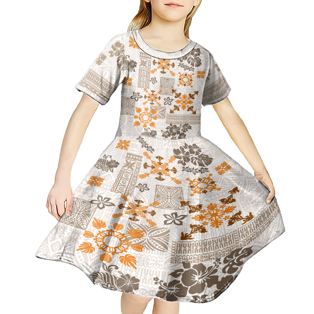 Hawaii Tapa Tribal Kid Short Sleeve Dress With Hawaiian Quilt Pattern Gold LT9 - Polynesian Pride