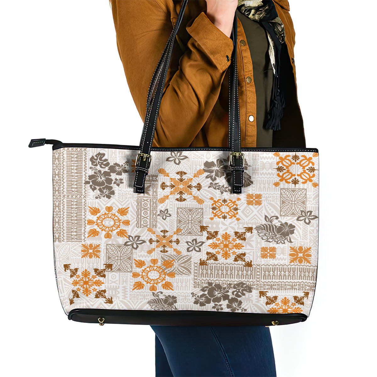 Hawaii Tapa Tribal Leather Tote Bag With Hawaiian Quilt Pattern Gold LT9 - Polynesian Pride
