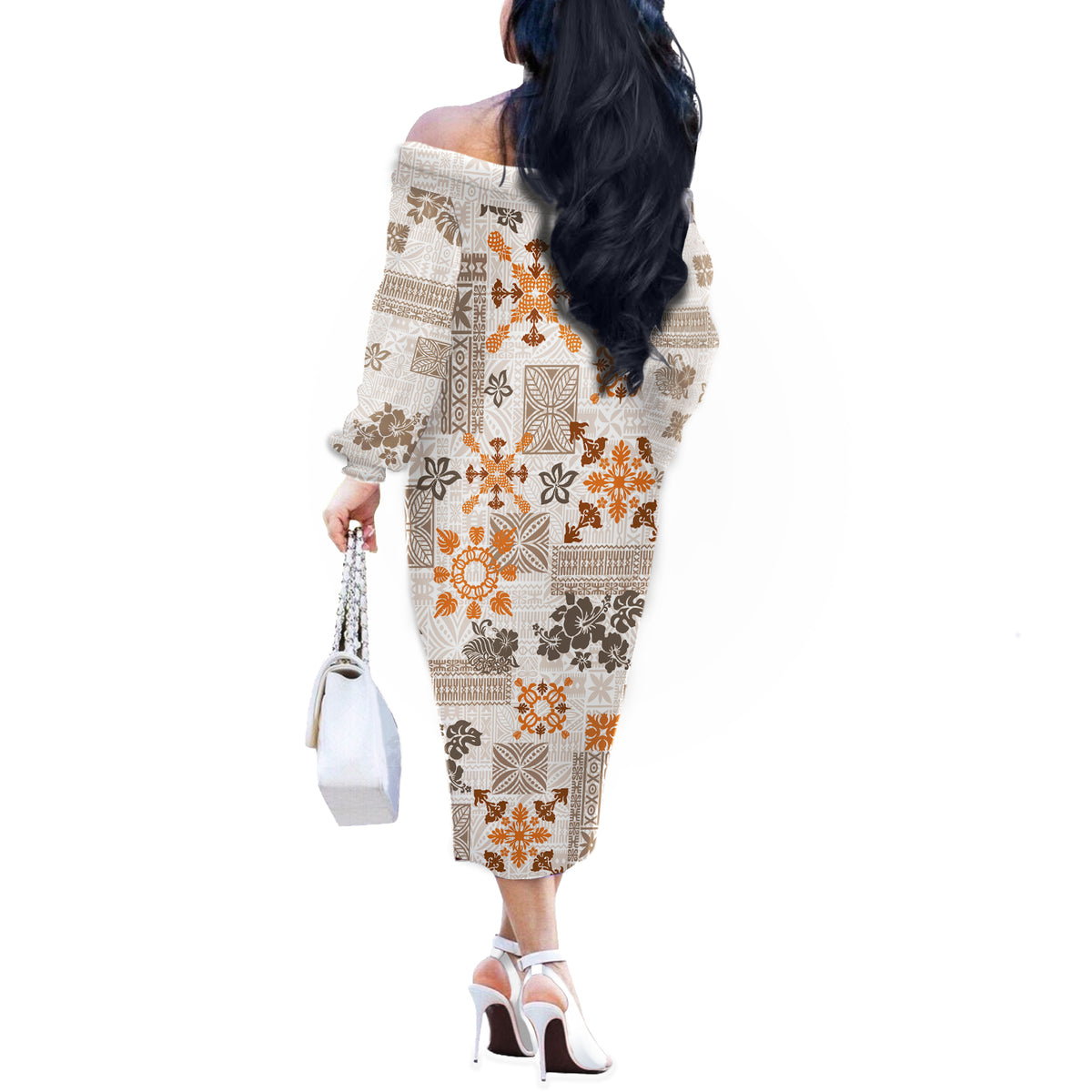 Hawaii Tapa Tribal Off The Shoulder Long Sleeve Dress With Hawaiian Quilt Pattern Gold LT9 - Polynesian Pride