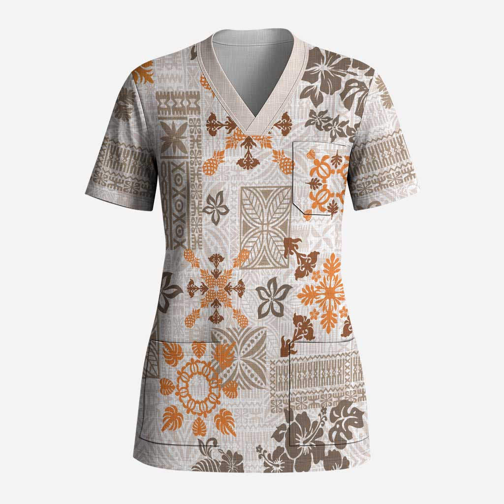 Hawaii Tapa Tribal Scrub Top With Hawaiian Quilt Pattern Gold - Polynesian Pride