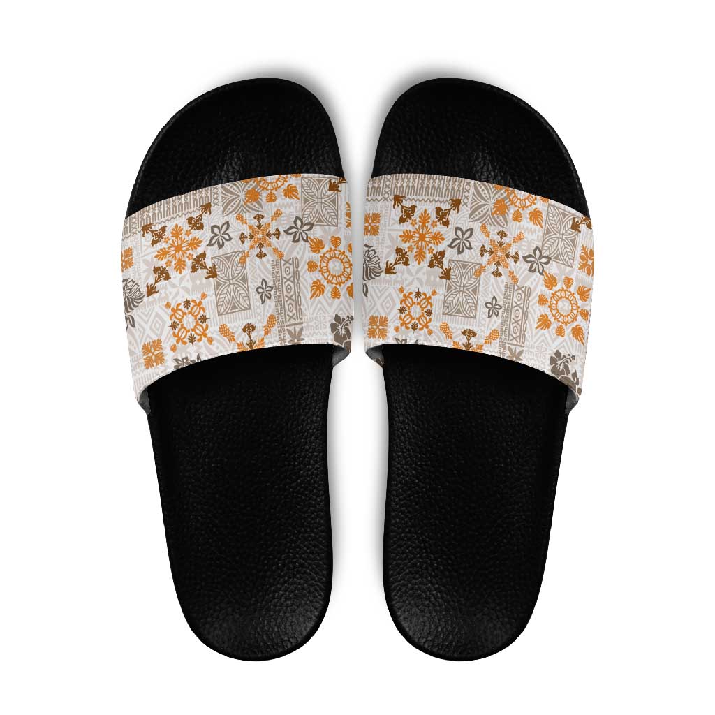 Hawaii Tapa Tribal Slide Sandals With Hawaiian Quilt Pattern Gold - Polynesian Pride
