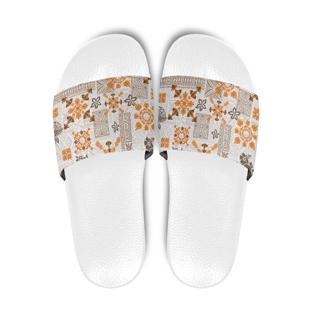Hawaii Tapa Tribal Slide Sandals With Hawaiian Quilt Pattern Gold - Polynesian Pride