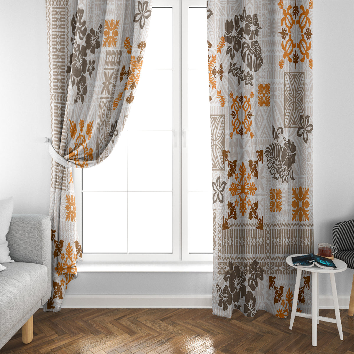 Hawaii Tapa Tribal Window Curtain With Hawaiian Quilt Pattern Gold LT9 - Polynesian Pride