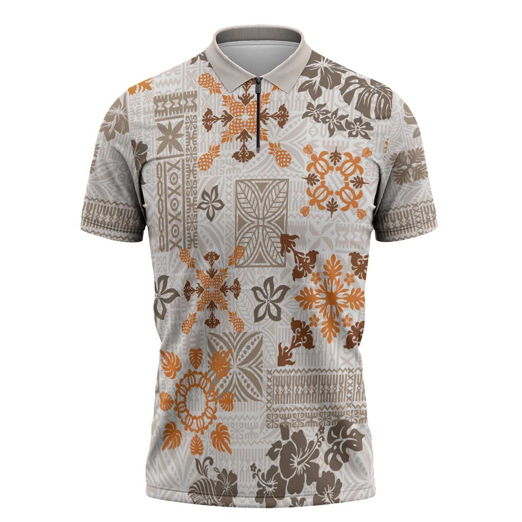 Hawaii Tapa Tribal Zipper Polo Shirt With Hawaiian Quilt Pattern Gold - Polynesian Pride