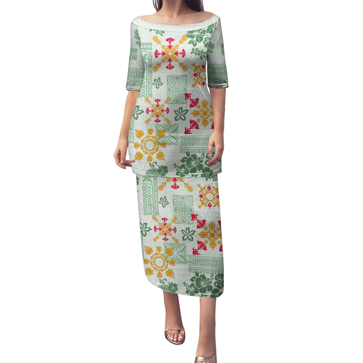 Hawaii Tapa Tribal Family Matching Puletasi Dress and Hawaiian Shirt With Hawaiian Quilt Pattern Green LT9 Mom's Dress Green - Polynesian Pride