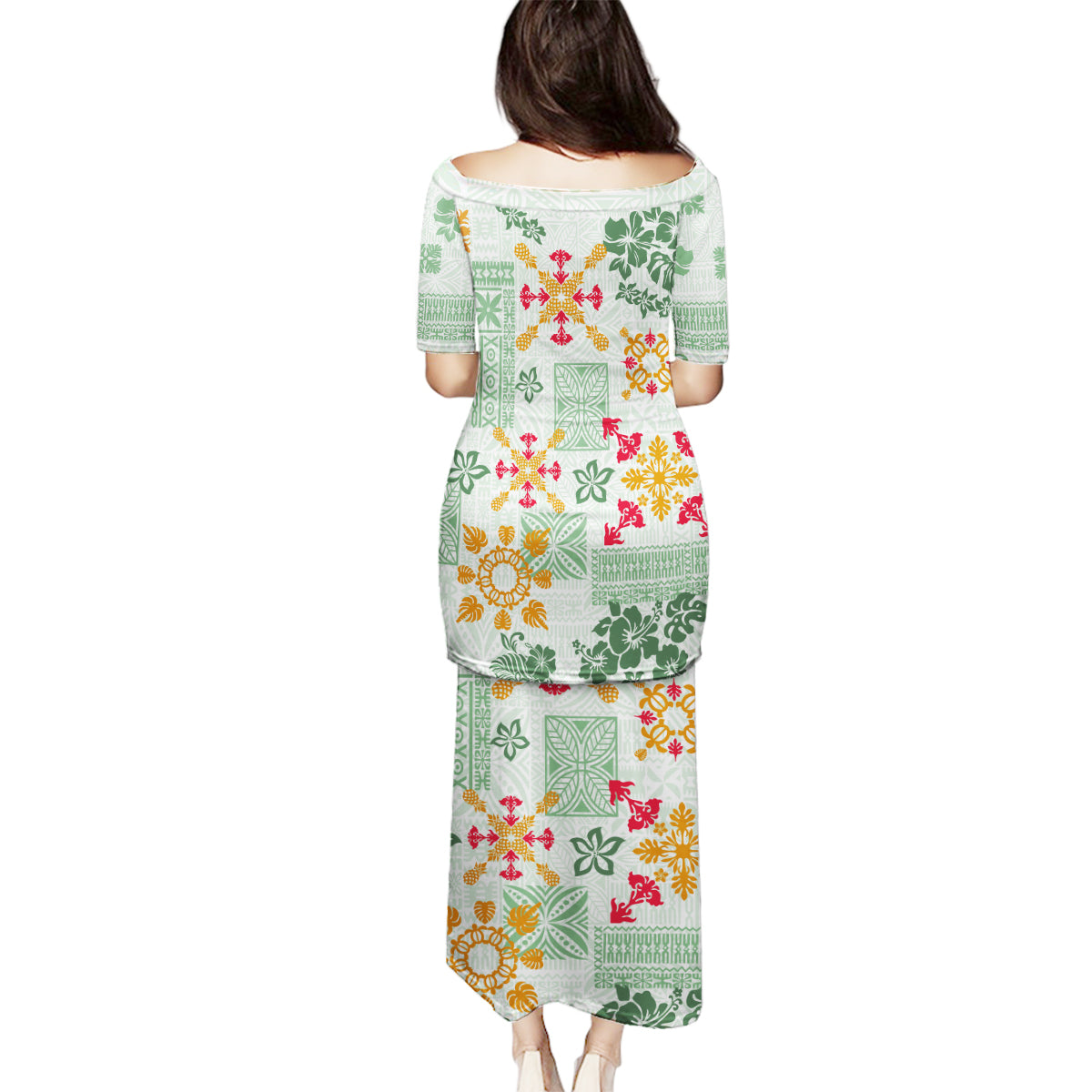 Hawaii Tapa Tribal Family Matching Puletasi Dress and Hawaiian Shirt With Hawaiian Quilt Pattern Green LT9 - Polynesian Pride