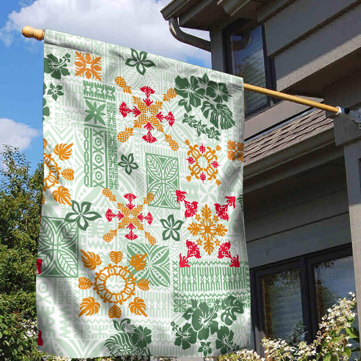 Hawaii Tapa Tribal Garden Flag With Hawaiian Quilt Pattern Green LT9 - Polynesian Pride