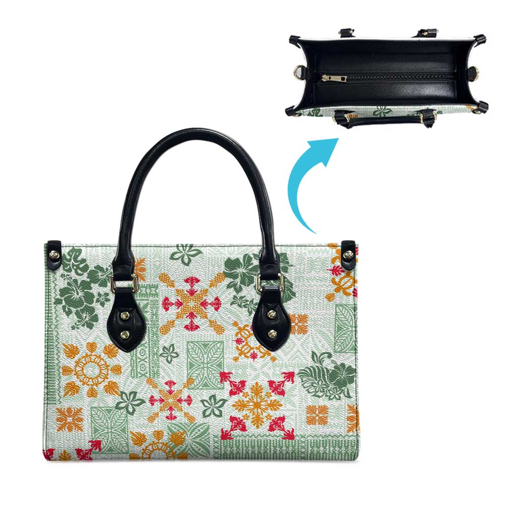 Hawaii Tapa Tribal Leather Bag With Hawaiian Quilt Pattern Green - Polynesian Pride