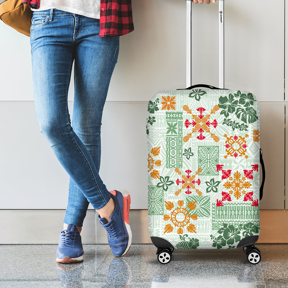 Hawaii Tapa Tribal Luggage Cover With Hawaiian Quilt Pattern Green LT9 - Polynesian Pride