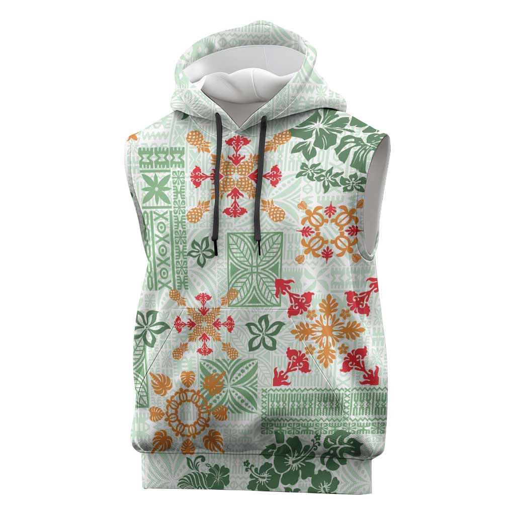 Hawaii Tapa Tribal Sleeveless Hoodie With Hawaiian Quilt Pattern Green - Polynesian Pride