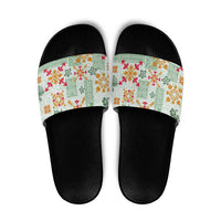 Hawaii Tapa Tribal Slide Sandals With Hawaiian Quilt Pattern Green - Polynesian Pride