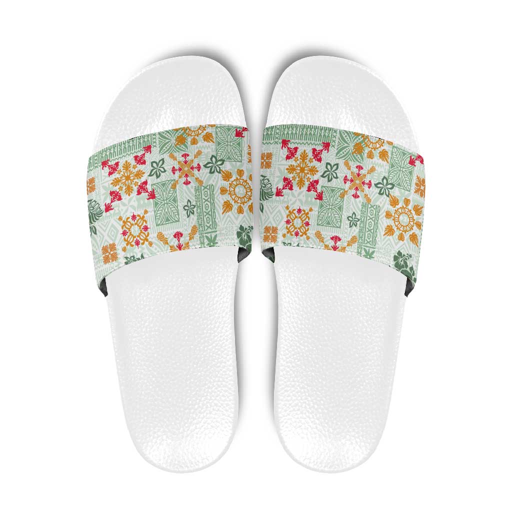 Hawaii Tapa Tribal Slide Sandals With Hawaiian Quilt Pattern Green - Polynesian Pride