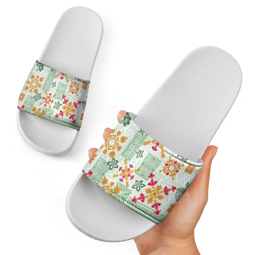 Hawaii Tapa Tribal Slide Sandals With Hawaiian Quilt Pattern Green - Polynesian Pride