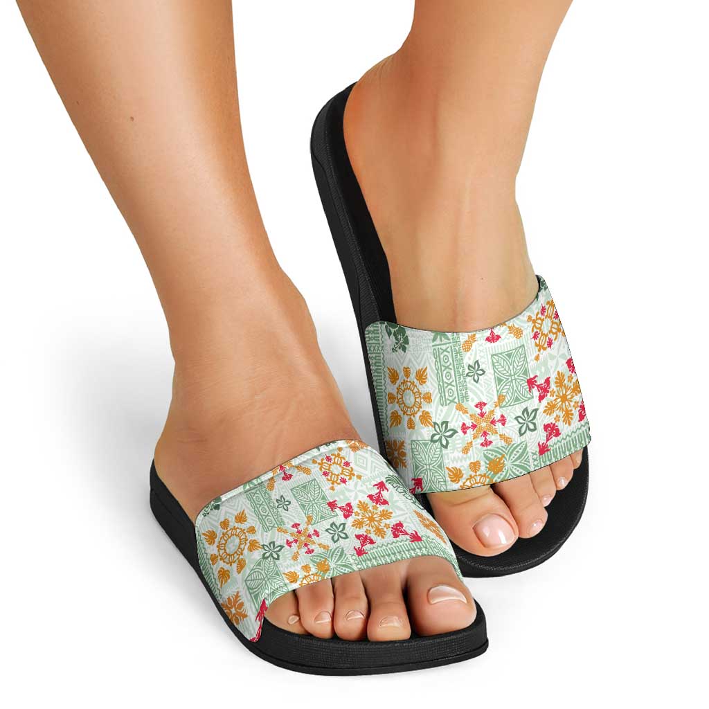 Hawaii Tapa Tribal Slide Sandals With Hawaiian Quilt Pattern Green - Polynesian Pride