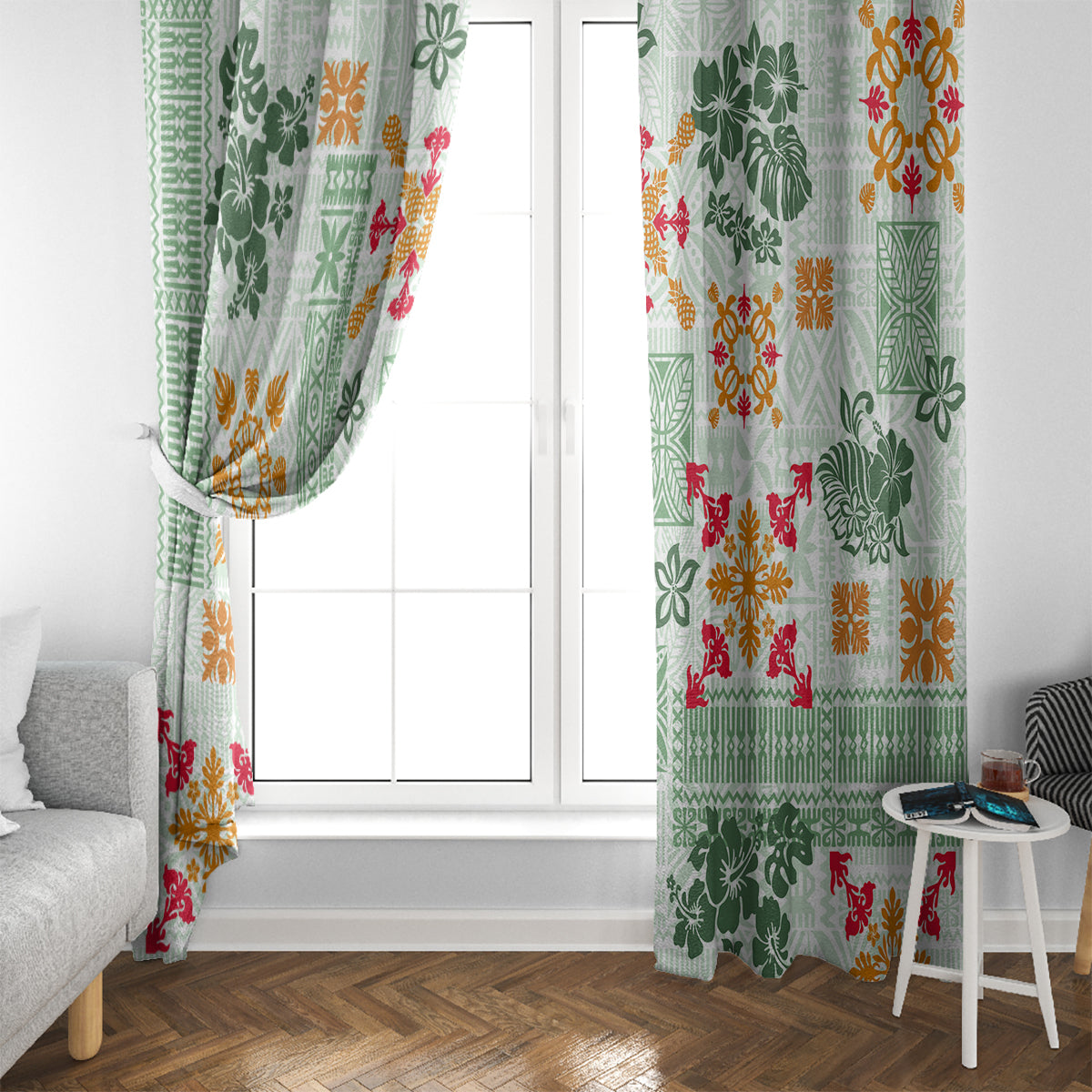 Hawaii Tapa Tribal Window Curtain With Hawaiian Quilt Pattern Green LT9 - Polynesian Pride
