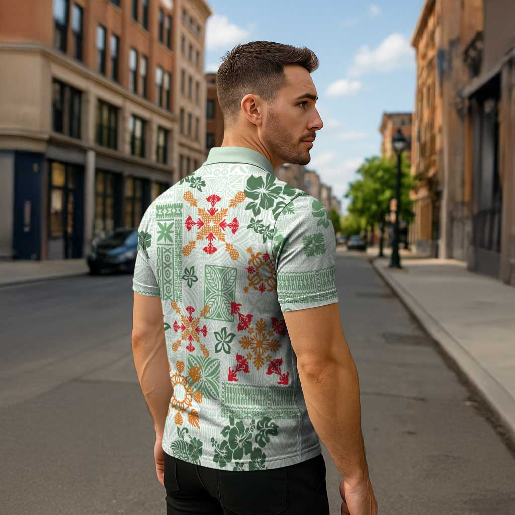 Hawaii Tapa Tribal Zipper Polo Shirt With Hawaiian Quilt Pattern Green - Polynesian Pride