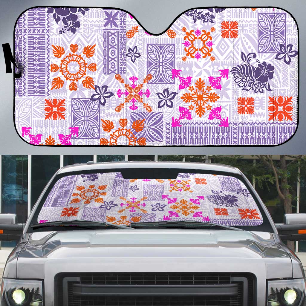 Hawaii Tapa Tribal Auto Sun Shade With Hawaiian Quilt Pattern Violet - Polynesian Pride