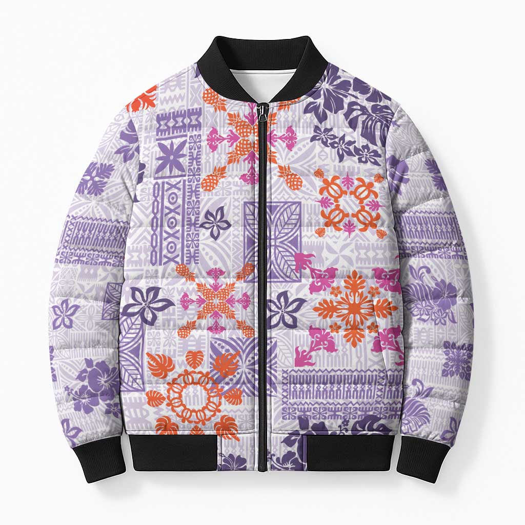 Hawaii Tapa Tribal Bomber Puffer Jacket With Hawaiian Quilt Pattern Violet - Polynesian Pride