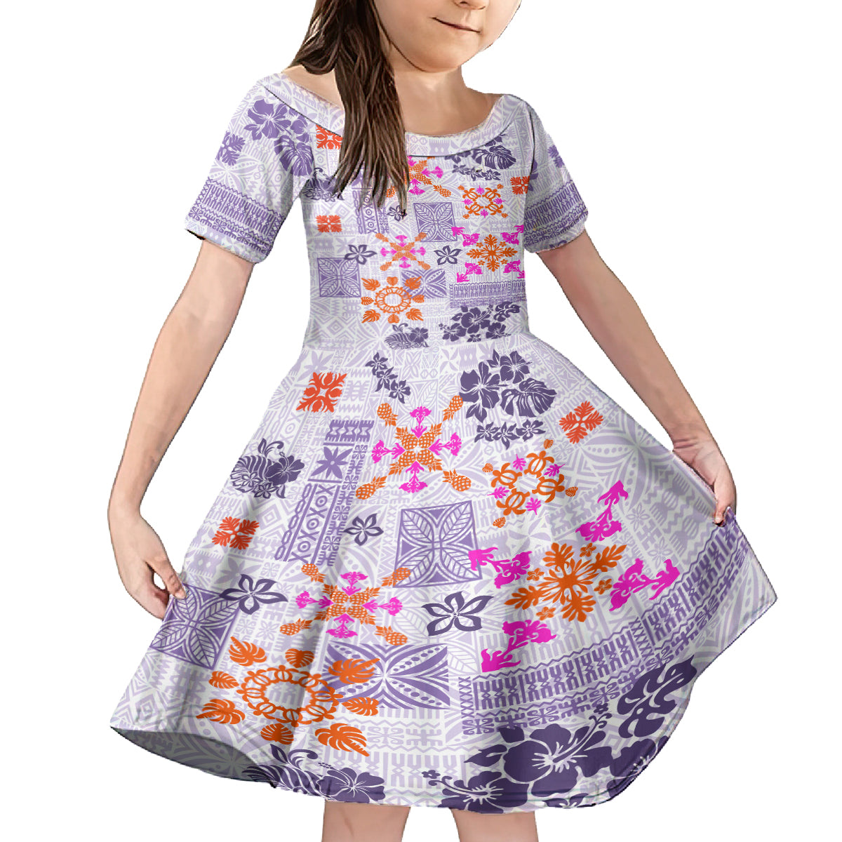 Hawaii Tapa Tribal Family Matching Tank Maxi Dress and Hawaiian Shirt With Hawaiian Quilt Pattern Violet LT9 Daughter's Dress Violet - Polynesian Pride