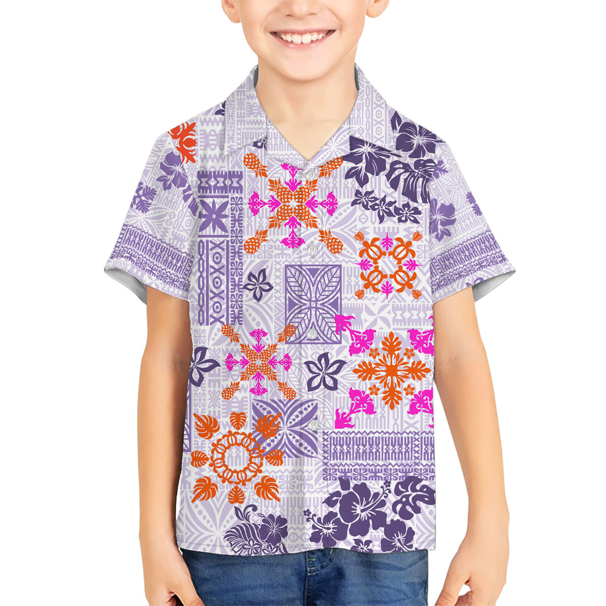 Hawaii Tapa Tribal Kid Hawaiian Shirt With Hawaiian Quilt Pattern Violet LT9 Kid Violet - Polynesian Pride