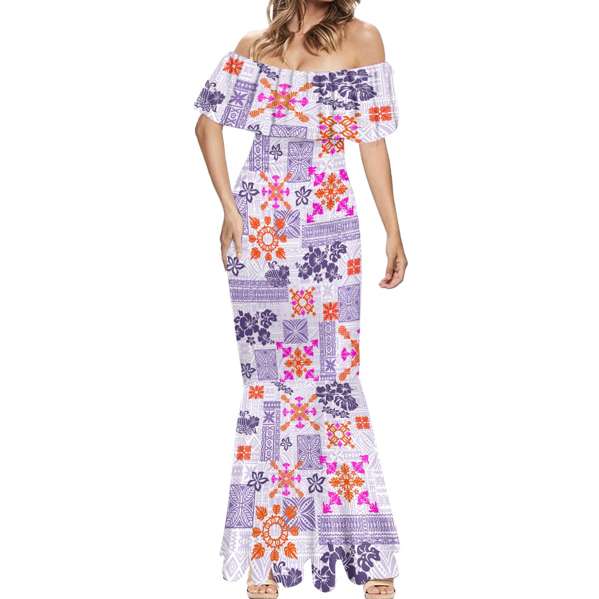 Hawaii Tapa Tribal Mermaid Dress With Hawaiian Quilt Pattern Violet LT9 - Polynesian Pride