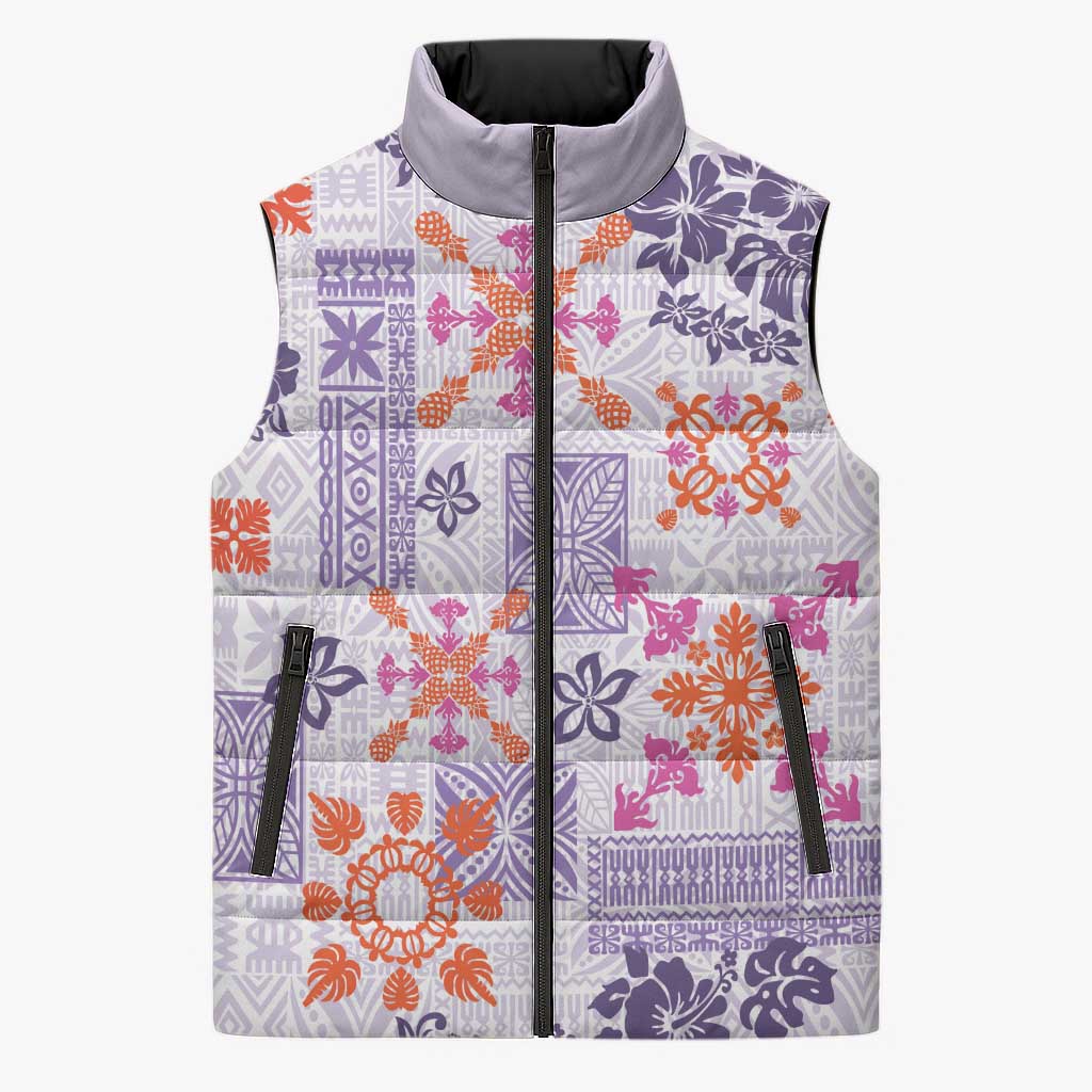 Hawaii Tapa Tribal Sleeveless Puffer Jacket With Hawaiian Quilt Pattern Violet - Polynesian Pride