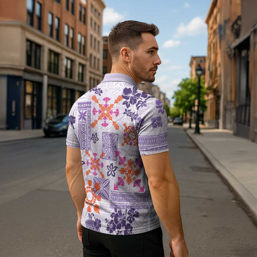 Hawaii Tapa Tribal Zipper Polo Shirt With Hawaiian Quilt Pattern Violet - Polynesian Pride