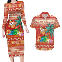 Hawaii Mele Kalikimaka Couples Matching Long Sleeve Bodycon Dress and Hawaiian Shirt Surfing Santa Funny Christmas LT9 Red - Polynesian Pride