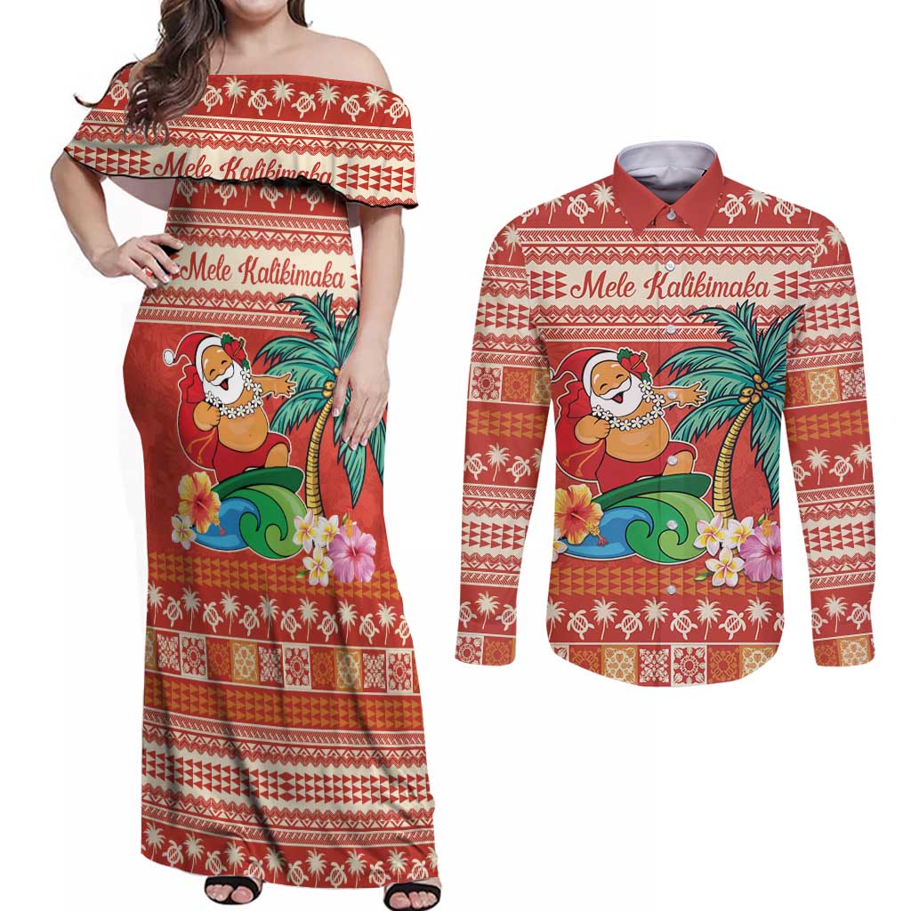 Hawaii Mele Kalikimaka Couples Matching Off Shoulder Maxi Dress and Long Sleeve Button Shirt Surfing Santa Funny Christmas LT9 Red - Polynesian Pride