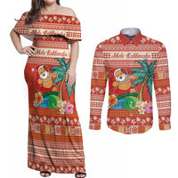Hawaii Mele Kalikimaka Couples Matching Off Shoulder Maxi Dress and Long Sleeve Button Shirt Surfing Santa Funny Christmas LT9 Red - Polynesian Pride