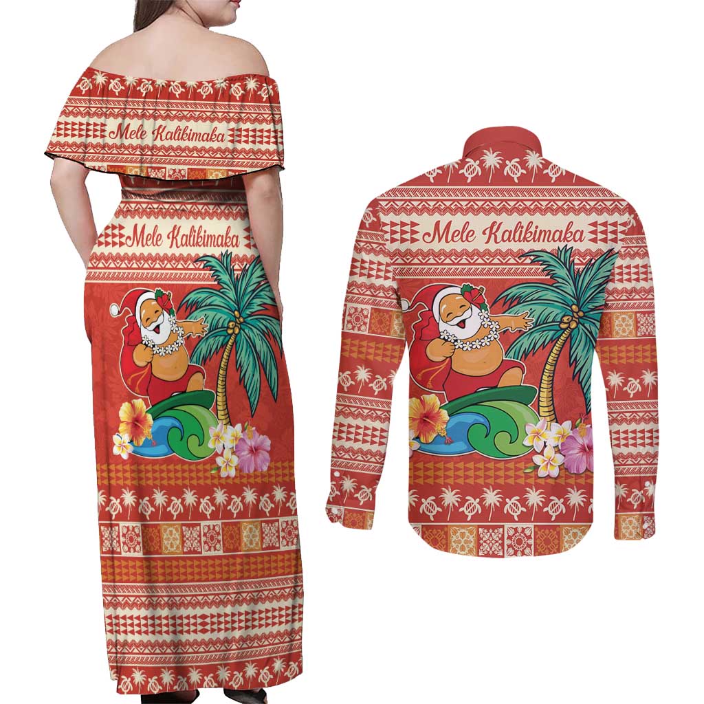 Hawaii Mele Kalikimaka Couples Matching Off Shoulder Maxi Dress and Long Sleeve Button Shirt Surfing Santa Funny Christmas LT9 - Polynesian Pride