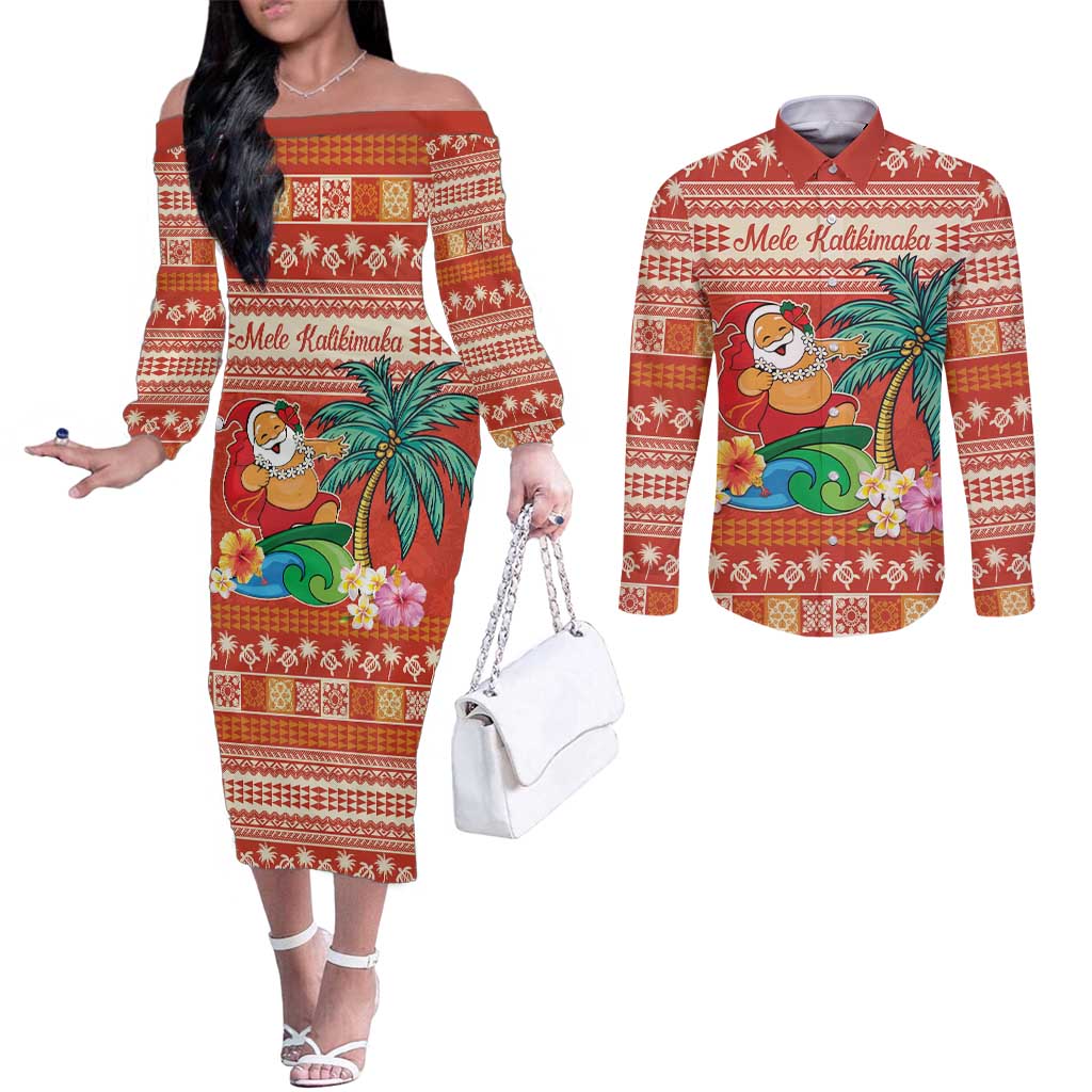 Hawaii Mele Kalikimaka Couples Matching Off The Shoulder Long Sleeve Dress and Long Sleeve Button Shirt Surfing Santa Funny Christmas LT9 Red - Polynesian Pride