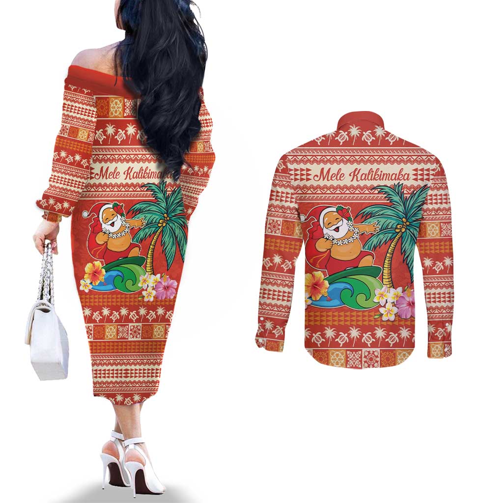 Hawaii Mele Kalikimaka Couples Matching Off The Shoulder Long Sleeve Dress and Long Sleeve Button Shirt Surfing Santa Funny Christmas LT9 - Polynesian Pride