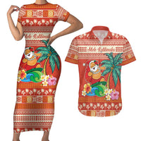 Hawaii Mele Kalikimaka Couples Matching Short Sleeve Bodycon Dress and Hawaiian Shirt Surfing Santa Funny Christmas LT9 Red - Polynesian Pride