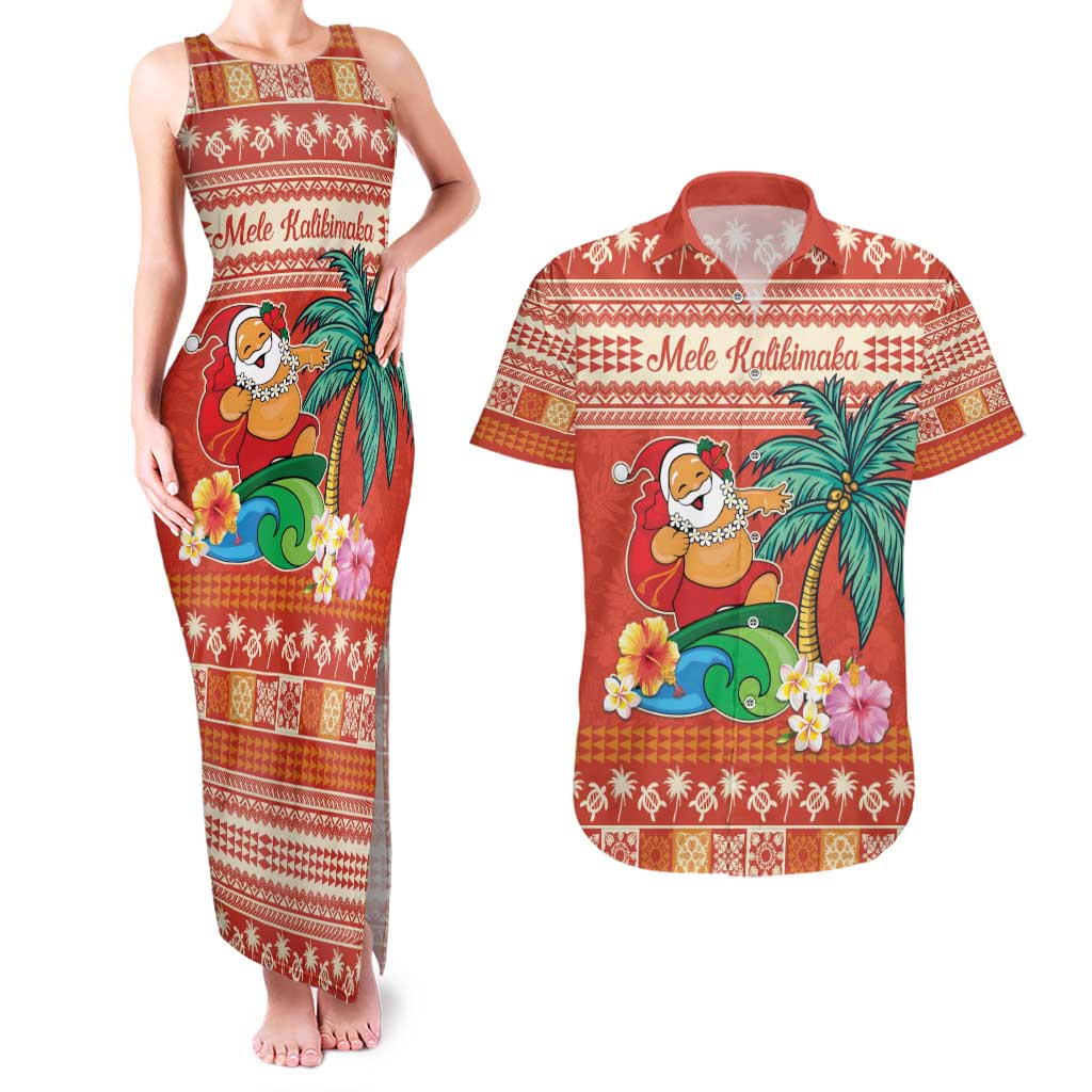 Hawaii Mele Kalikimaka Couples Matching Tank Maxi Dress and Hawaiian Shirt Surfing Santa Funny Christmas LT9 Red - Polynesian Pride