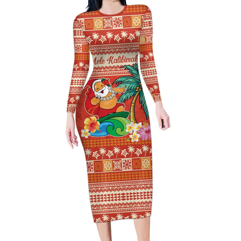 Hawaii Mele Kalikimaka Family Matching Long Sleeve Bodycon Dress and Hawaiian Shirt Surfing Santa Funny Christmas LT9 Mom's Dress Red - Polynesian Pride
