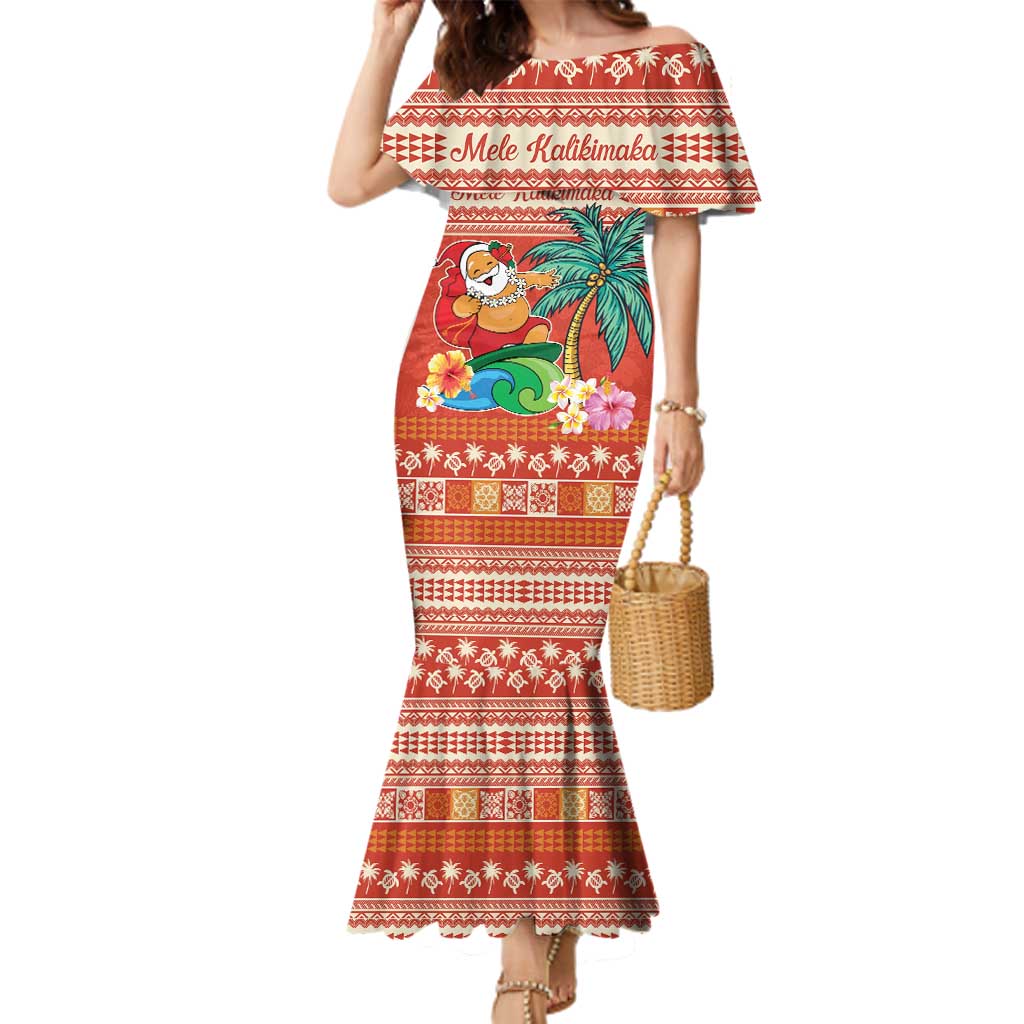Hawaii Mele Kalikimaka Family Matching Mermaid Dress and Hawaiian Shirt Surfing Santa Funny Christmas LT9 Mom's Dress Red - Polynesian Pride