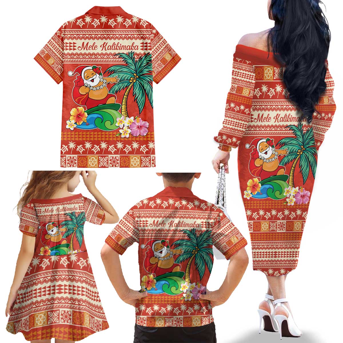 Hawaii Mele Kalikimaka Family Matching Off The Shoulder Long Sleeve Dress and Hawaiian Shirt Surfing Santa Funny Christmas LT9 - Polynesian Pride