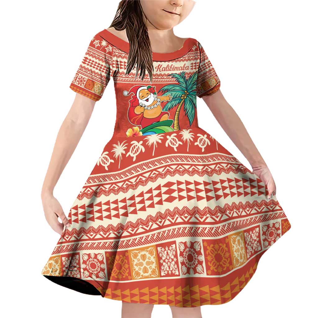 Hawaii Mele Kalikimaka Family Matching Off Shoulder Short Dress and Hawaiian Shirt Surfing Santa Funny Christmas LT9 Daughter's Dress Red - Polynesian Pride