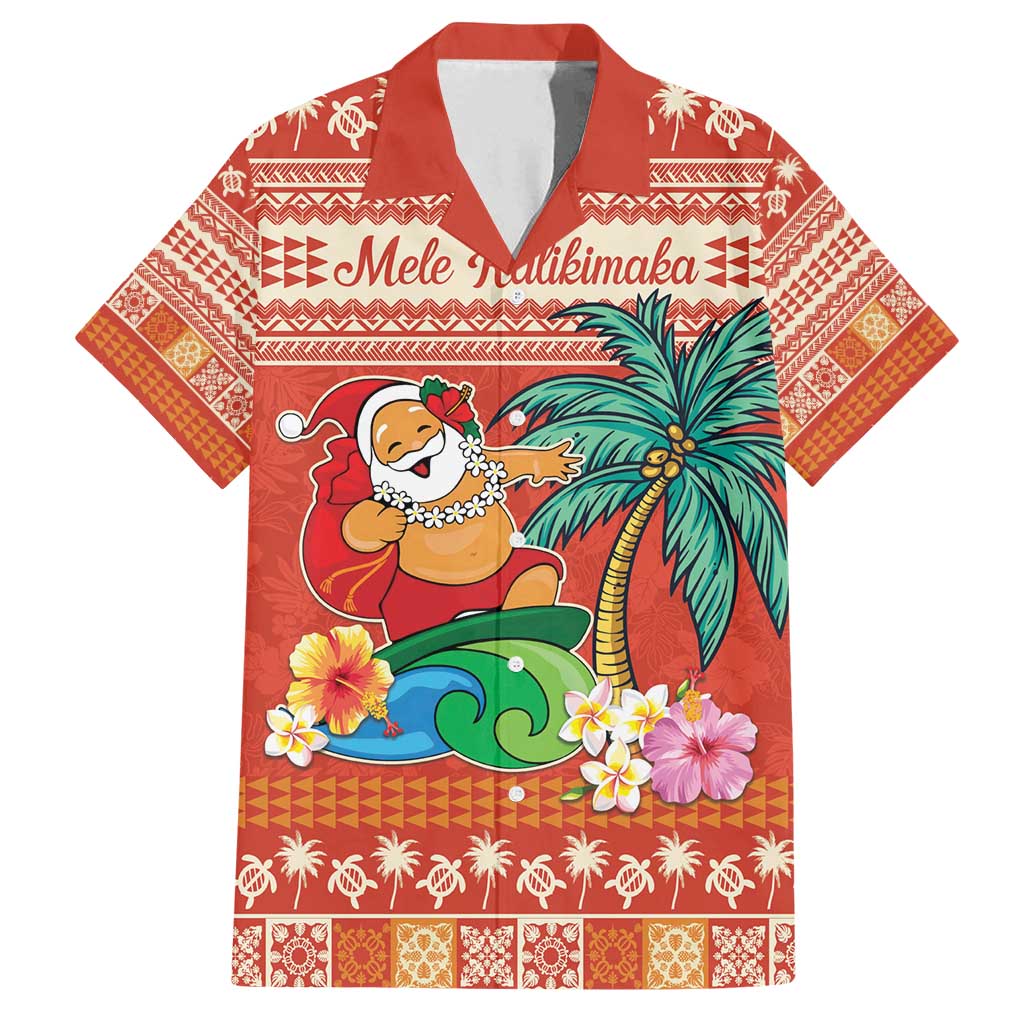 Hawaii Mele Kalikimaka Family Matching Off Shoulder Short Dress and Hawaiian Shirt Surfing Santa Funny Christmas LT9 Dad's Shirt - Short Sleeve Red - Polynesian Pride