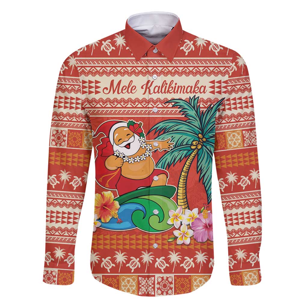 Hawaii Mele Kalikimaka Family Matching Off Shoulder Short Dress and Hawaiian Shirt Surfing Santa Funny Christmas LT9 Dad's Shirt - Long Sleeve Red - Polynesian Pride