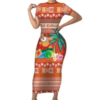 Hawaii Mele Kalikimaka Family Matching Short Sleeve Bodycon Dress and Hawaiian Shirt Surfing Santa Funny Christmas LT9 Mom's Dress Red - Polynesian Pride