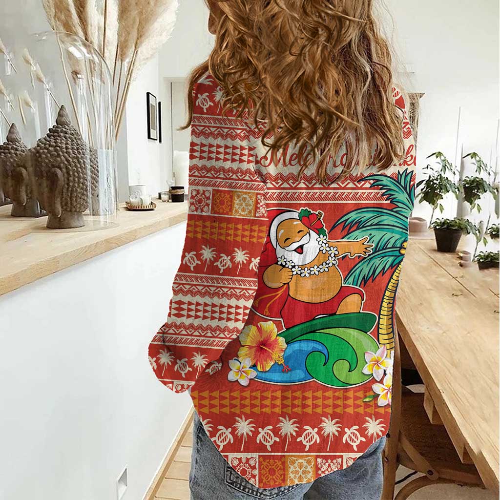 Hawaii Mele Kalikimaka Women Casual Shirt Surfing Santa Funny Christmas