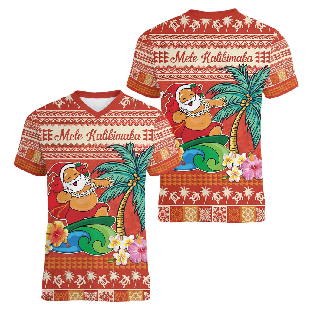 Hawaii Mele Kalikimaka Women V-Neck T-Shirt Surfing Santa Funny Christmas